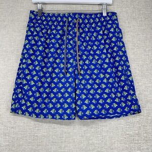 Bugatchi Swim Trunks‎ Mens Medium Blue Fish Print Elastic Waist Mesh Lined Beach